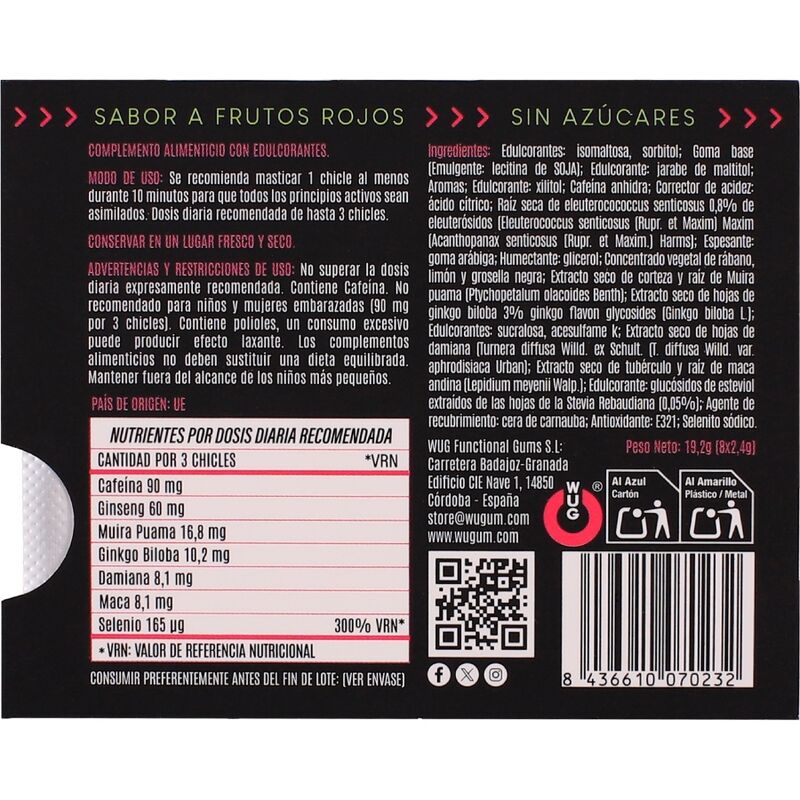 WUG Climax - Functional chewing gum with Maca, Damiana and Ginseng to enhance desire and intimate vitality. BLISTER 8 UNITS