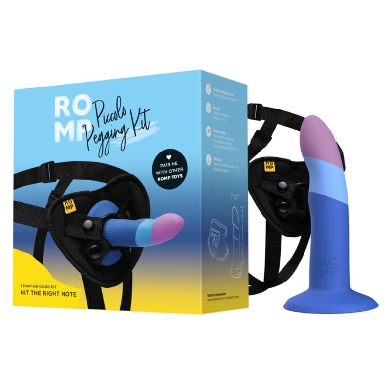ROMP - PICCOLO HARNESS + SILICONE DILDO WITH TRICOLOR SUCTION CUP 14 CM