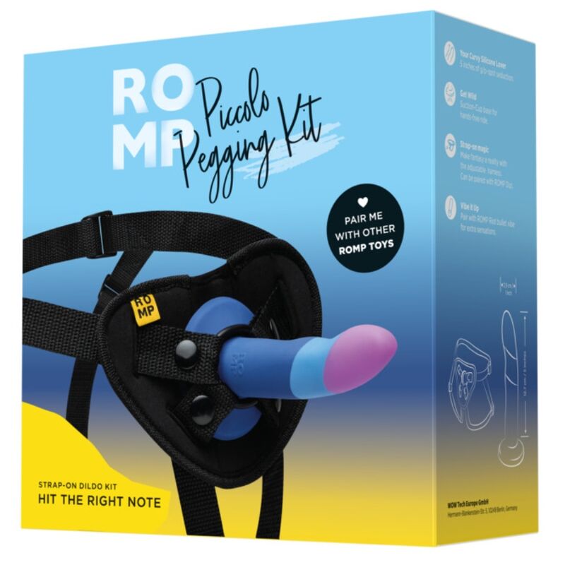 ROMP - PICCOLO HARNESS + SILICONE DILDO WITH TRICOLOR SUCTION CUP 14 CM