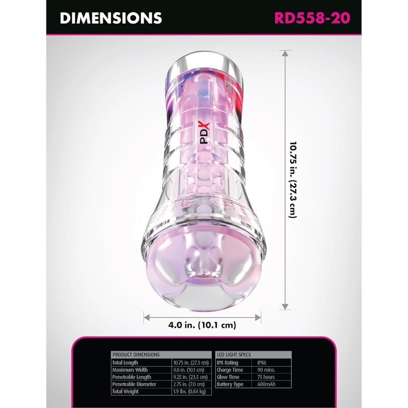 PDX ELITE - VIEWTUBE XXL LED TRANSPARENT STROKER 27.3 CM