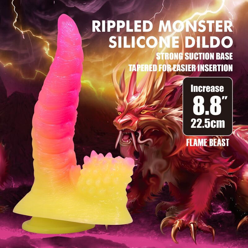 POWER MONSTERS - RIPPLIED MONSTER FANTASY DILDO WITH SUCTION CUP 22.5 CM Ø 5.5 CM PINK & YELLOW