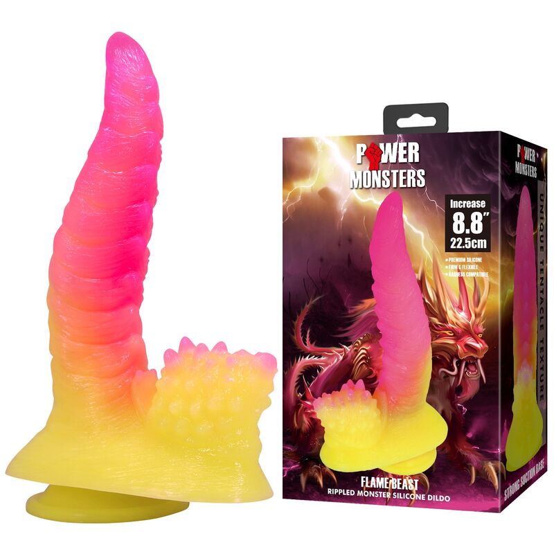 POWER MONSTERS - RIPPLIED MONSTER FANTASY DILDO WITH SUCTION CUP 22.5 CM Ø 5.5 CM PINK & YELLOW