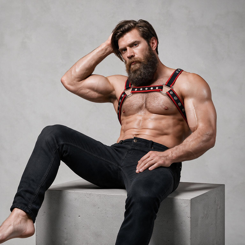 FETISH SUBMISSIVE ATTITUDE - MENS ECO-LEATHER CHEST BULLDOG HARNESS BLACK/RED