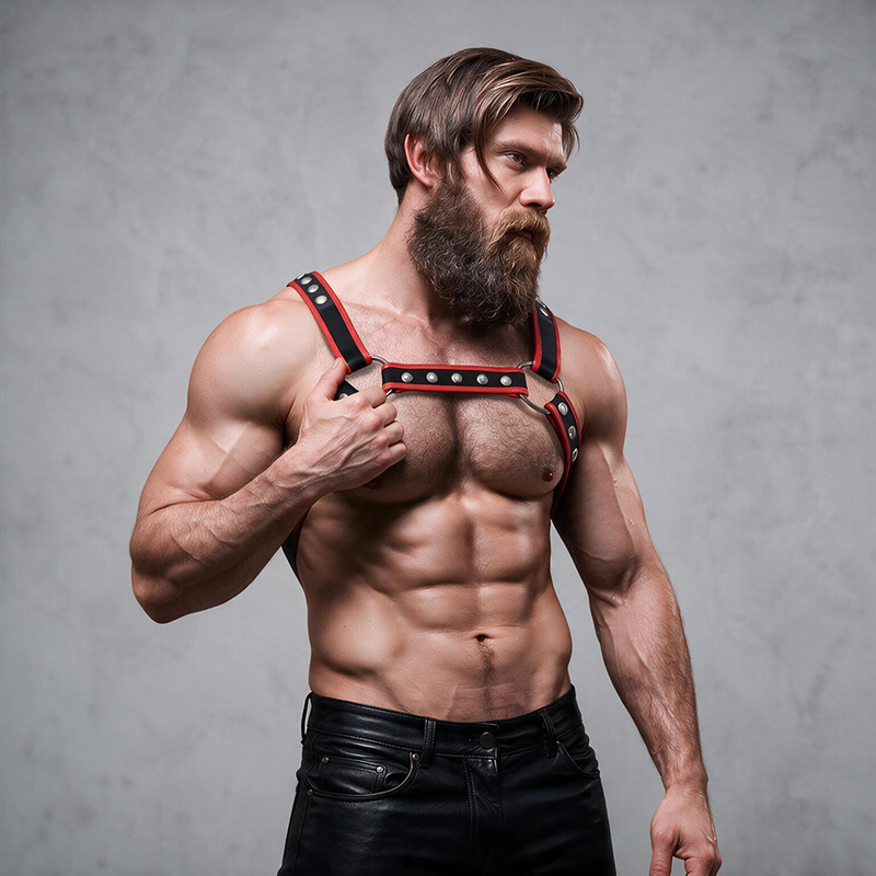 FETISH SUBMISSIVE ATTITUDE - MENS ECO-LEATHER CHEST BULLDOG HARNESS BLACK/RED