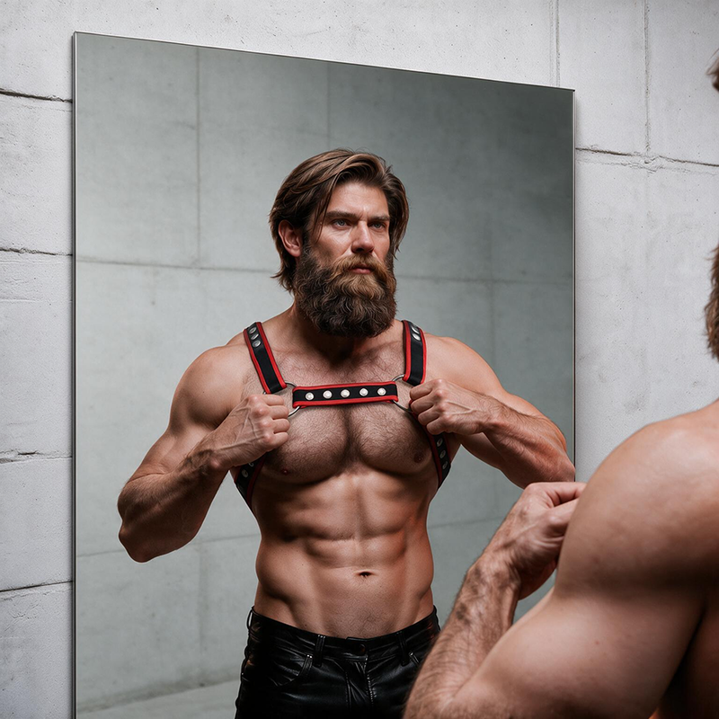 FETISH SUBMISSIVE ATTITUDE - MENS ECO-LEATHER CHEST BULLDOG HARNESS BLACK/RED