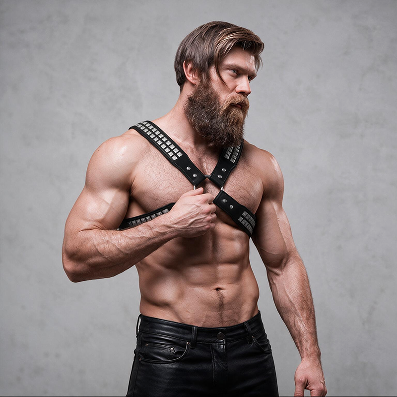 FETISH SUBMISSIVE ATTITUDE - MENS CROSSED CHEST ECO-LEATHER HARNESS WITH RIVETS