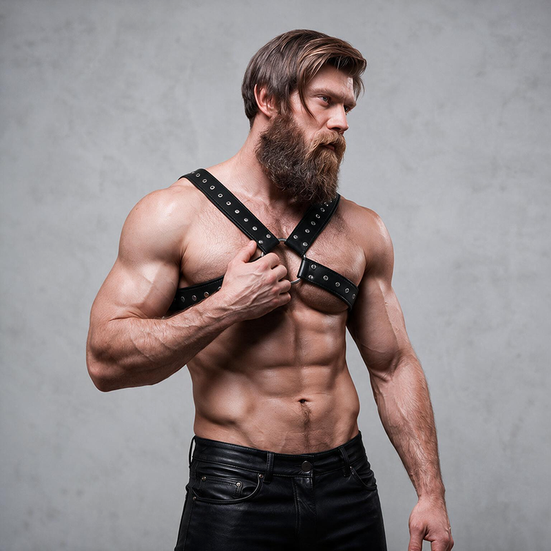 FETISH SUBMISSIVE ATTITUDE - MENS CROSS-OVER ECO-LEATHER CHEST HARNESS WITH STUDS