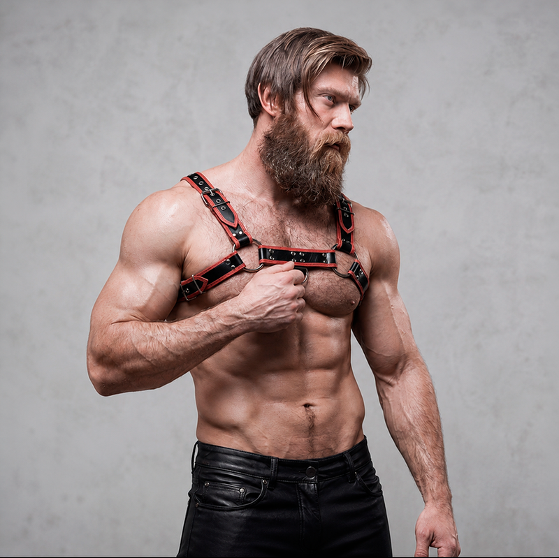 FETISH SUBMISSIVE ATTITUDE - MENS ECO-LEATHER CHEST HARNESS BLACK/RED