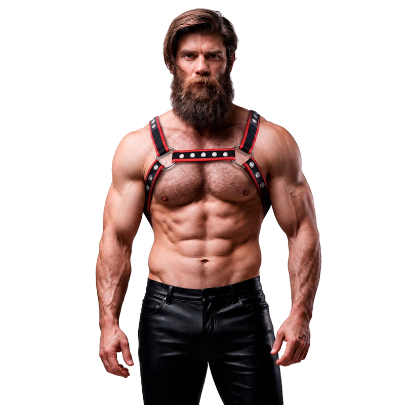FETISH SUBMISSIVE ATTITUDE - MENS ECO-LEATHER CHEST BULLDOG HARNESS BLACK/RED