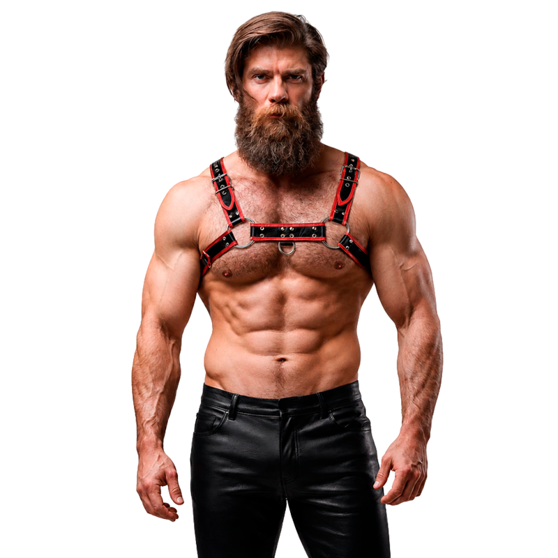 FETISH SUBMISSIVE ATTITUDE - MENS ECO-LEATHER CHEST HARNESS BLACK/RED